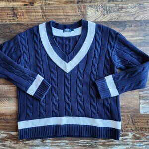 Polo Ralph Lauren Cotton Cable Knit Cricket Tennis V-Neck Sweater Blue White